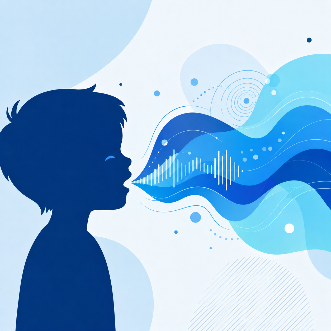 Ilustração de criança de perfil com ondas sonoras representando os sons da fala