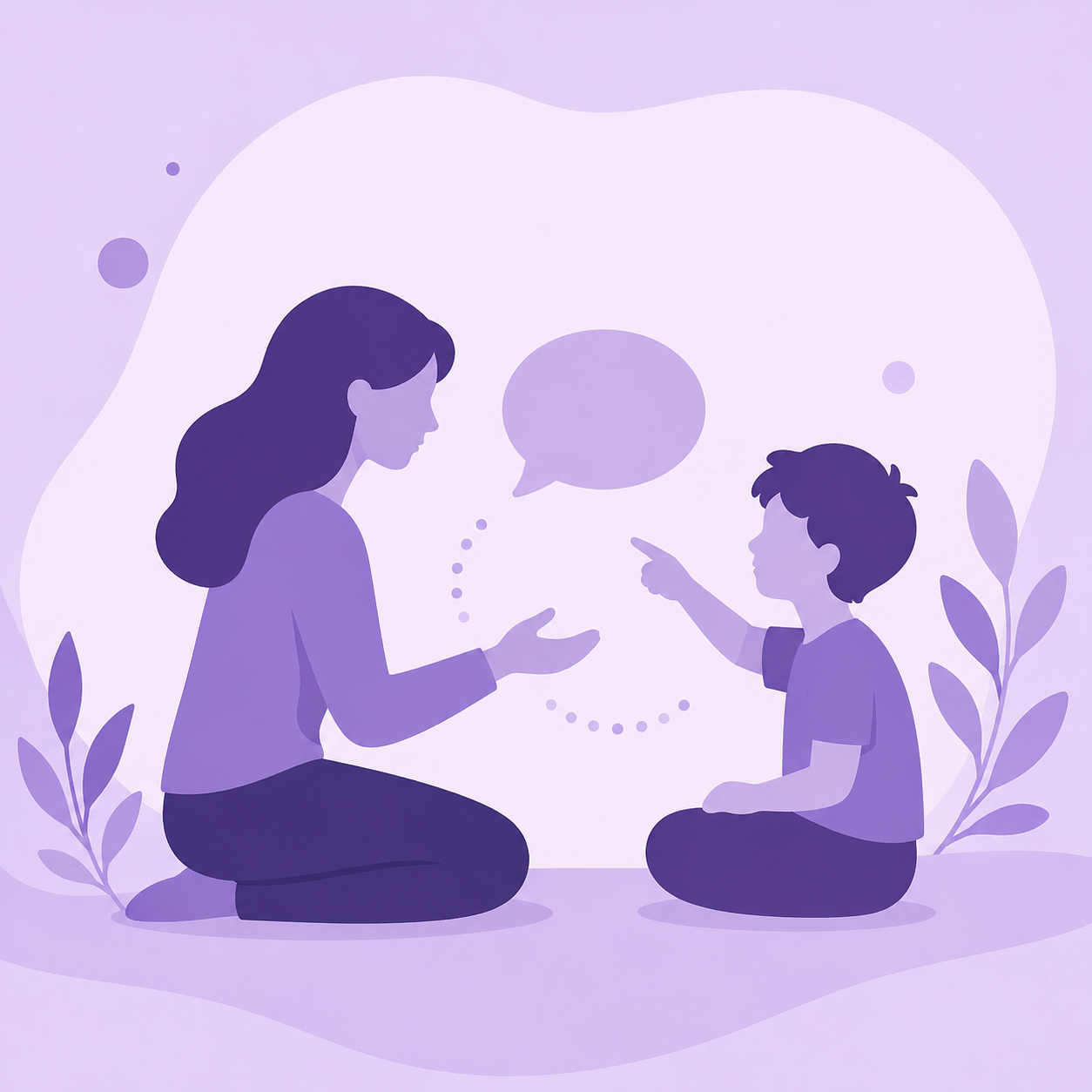 Ilustração de terapeuta e criança sentados conversando com balão de fala entre eles